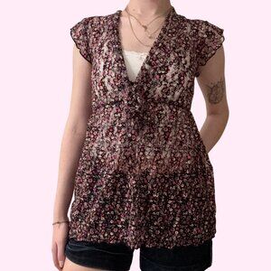 Vintage Flair Floral Y2K Mesh V-Neck Babydoll Top Size S